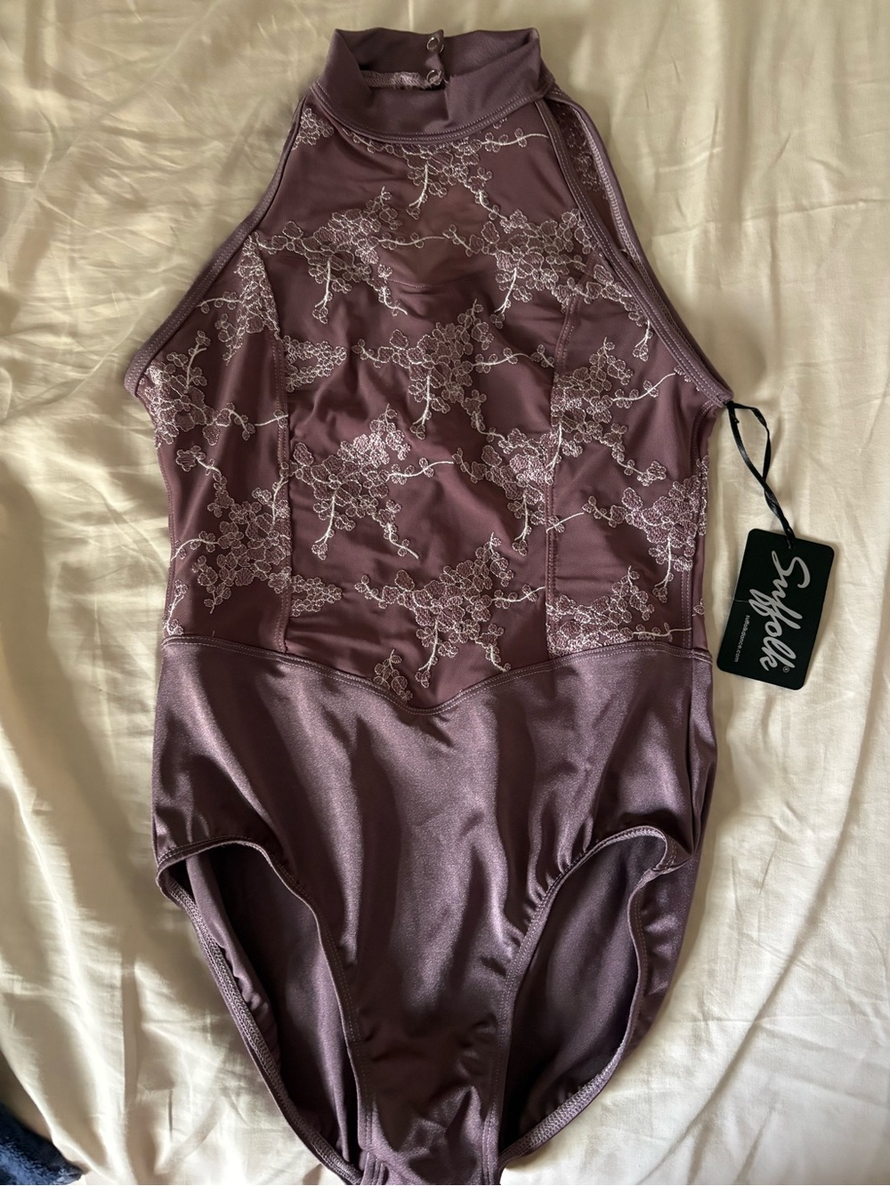 Suffolk Sleeveless High-Neck Lace-Overlay Bodysuit Dance Leotard in Mauve